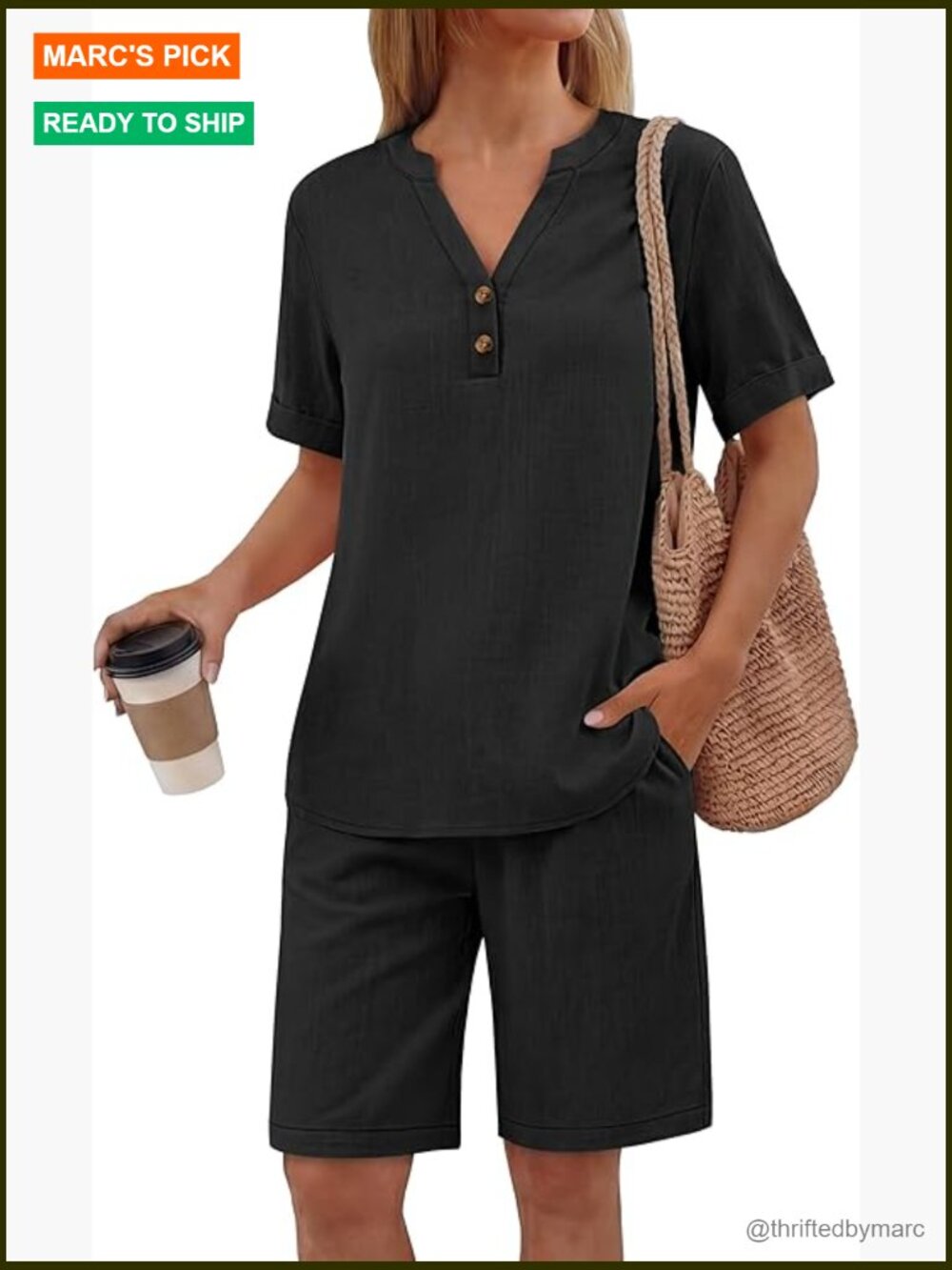 Women's Linen Lounge Set Henley Shirt Shorts Pajama Casual Summer